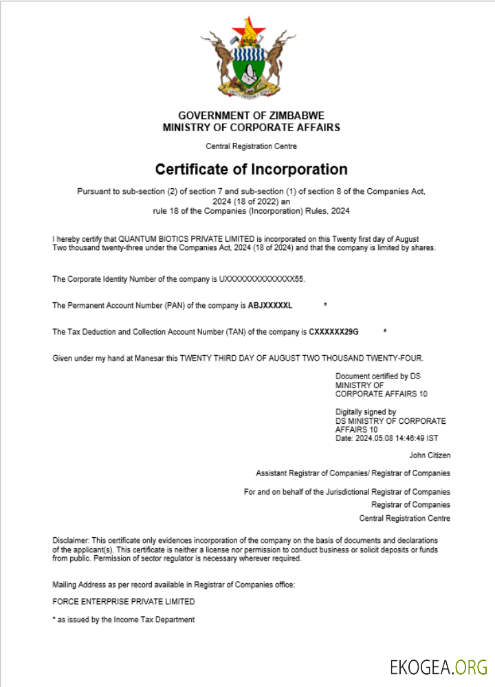 Modèle Word et PDF de certificat d'enregistrement d'entreprise au Zimbabwe